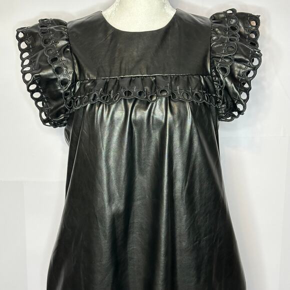 Stellah NWT $168 Small Black Faux Leather Goth Punk Alt Eyelet Babydoll Dress - Picture 3 of 14